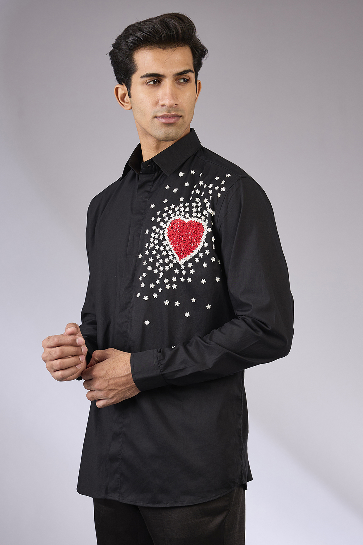Black Cotton Satin Hand Embroidered Shirt by Sahil Kochhar Men