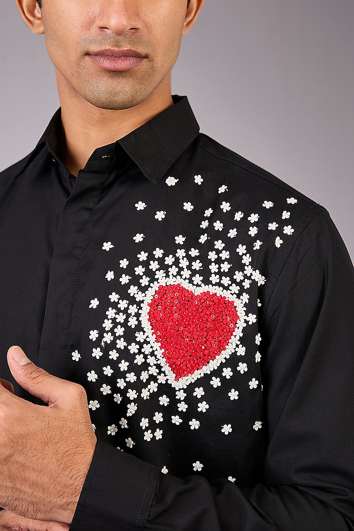 Black Cotton Satin Hand Embroidered Wedding Shirt by Sahil Kochhar Men at Pernia's Pop Up Shop