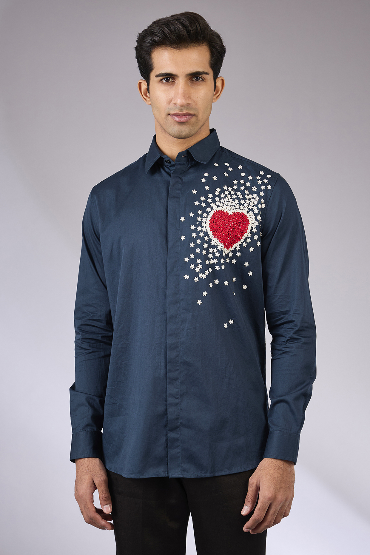 Navy Blue Cotton Satin Hand Embroidered Shirt by Sahil Kochhar Men