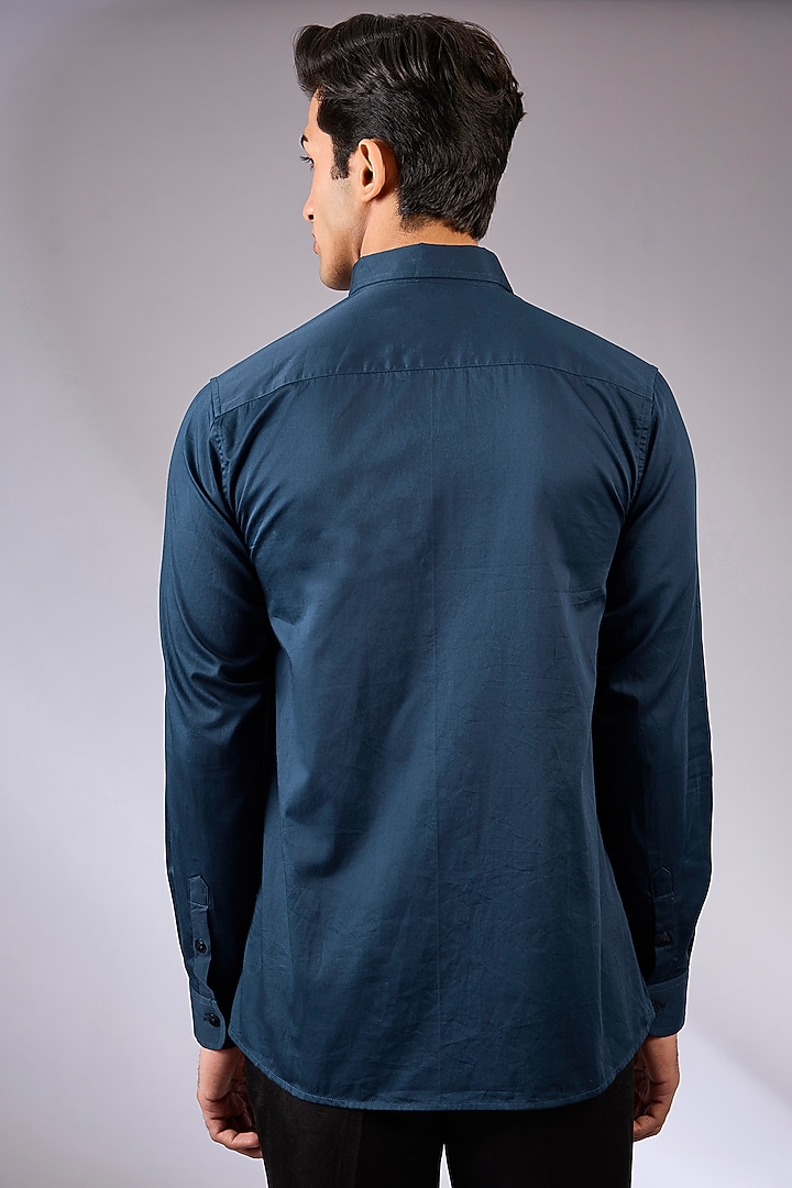 Navy Blue Cotton Satin Hand Embroidered Wedding Shirt by Sahil Kochhar Men at Pernia's Pop Up Shop