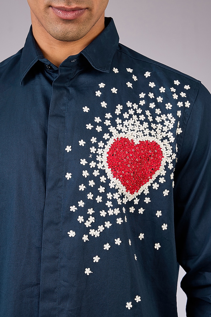 Navy Blue Cotton Satin Hand Embroidered Wedding Shirt by Sahil Kochhar Men at Pernia's Pop Up Shop