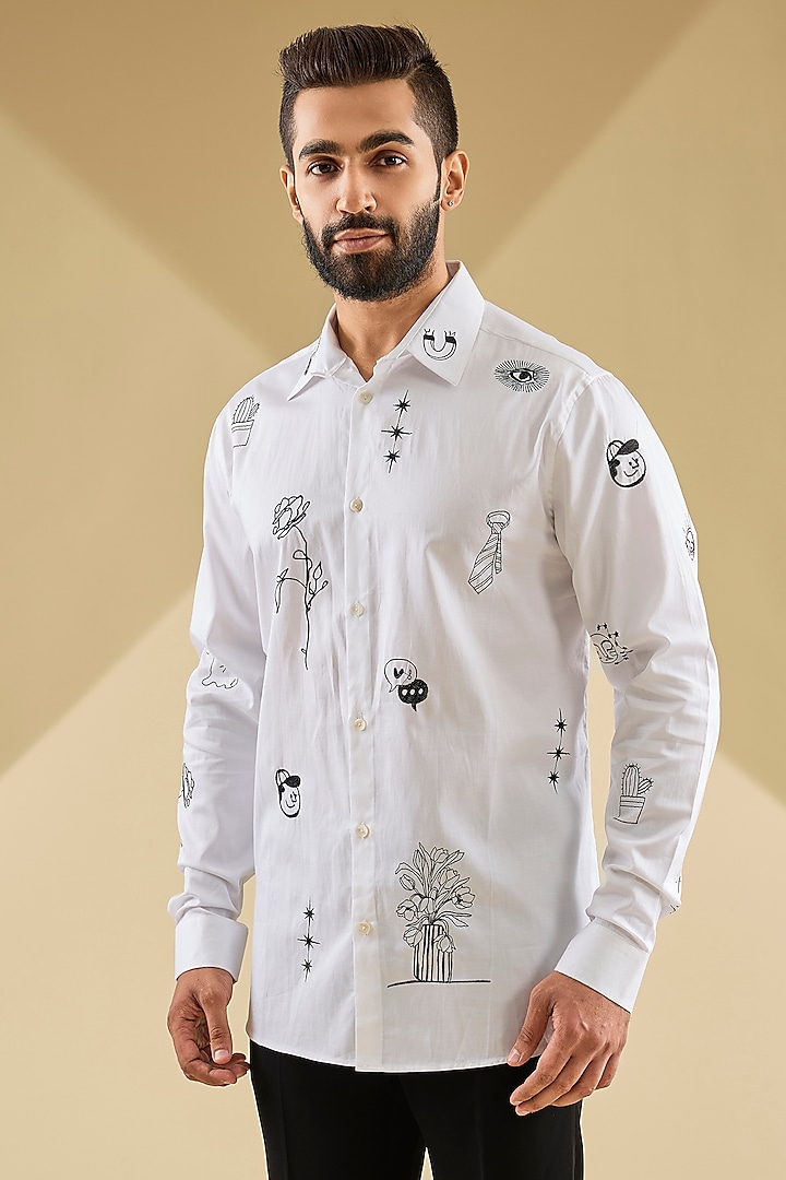 Ivory Cotton Satin Thread Embroidered Wedding Shirt by Sahil Kochhar Men at Pernia's Pop Up Shop