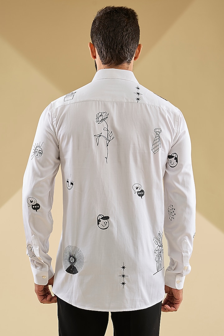 Ivory Cotton Satin Thread Embroidered Wedding Shirt by Sahil Kochhar Men at Pernia's Pop Up Shop