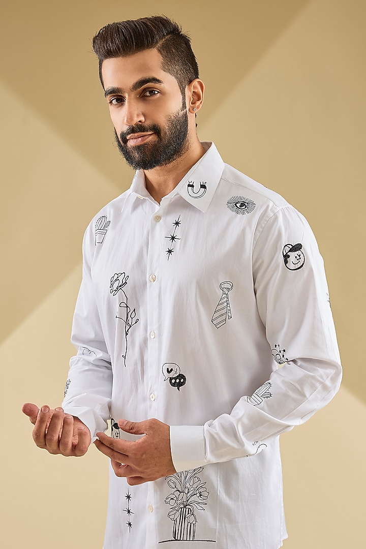 Ivory Cotton Satin Thread Embroidered Wedding Shirt by Sahil Kochhar Men at Pernia's Pop Up Shop