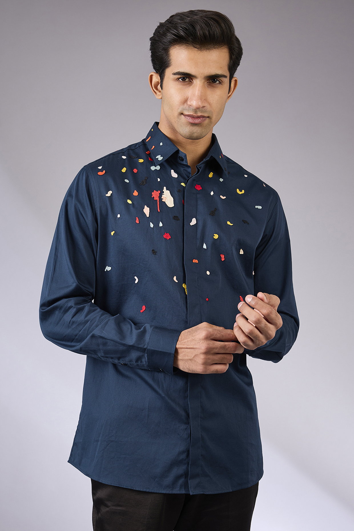 Navy Blue Cotton Satin Hand Embroidered Shirt by Sahil Kochhar Men