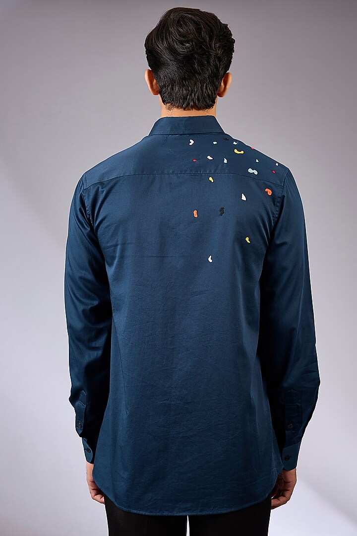 Navy Blue Cotton Satin Hand Embroidered Wedding Shirt by Sahil Kochhar Men at Pernia's Pop Up Shop