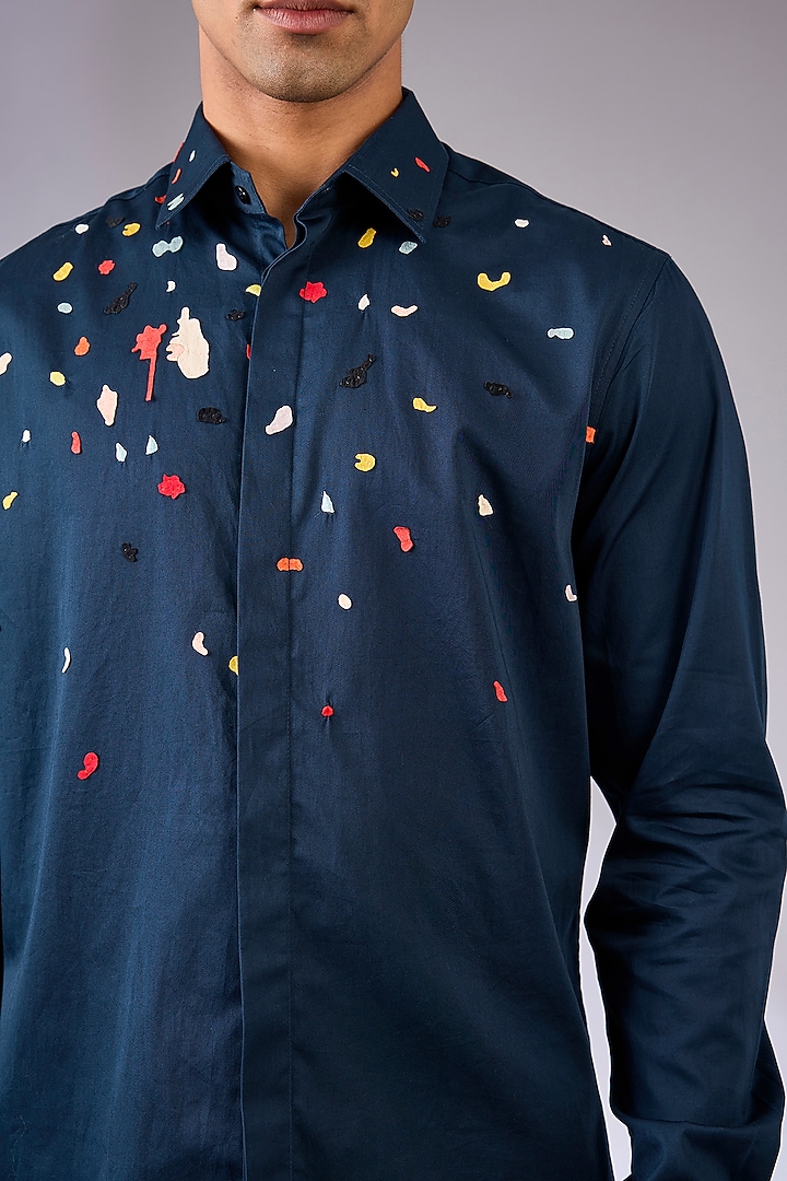 Navy Blue Cotton Satin Hand Embroidered Wedding Shirt by Sahil Kochhar Men at Pernia's Pop Up Shop