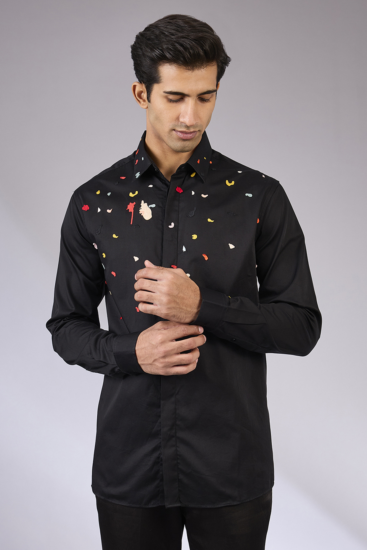 Black Cotton Satin Hand Embroidered Shirt by Sahil Kochhar Men
