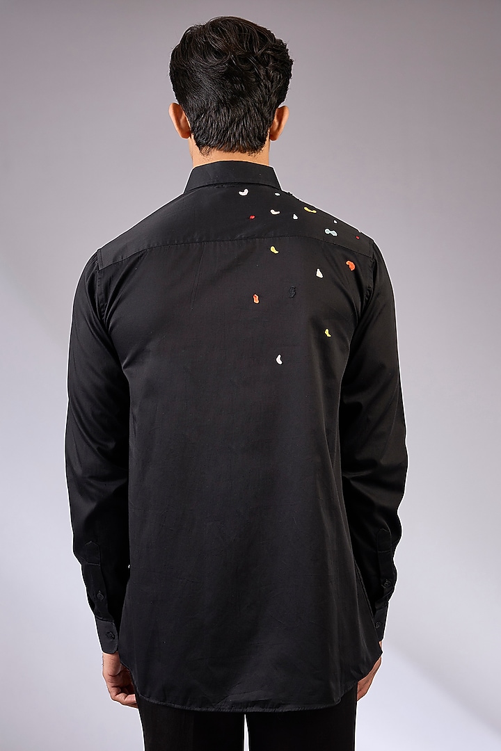 Black Cotton Satin Hand Embroidered Wedding Shirt by Sahil Kochhar Men at Pernia's Pop Up Shop