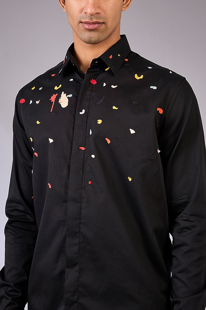 Black Cotton Satin Hand Embroidered Wedding Shirt by Sahil Kochhar Men at Pernia's Pop Up Shop