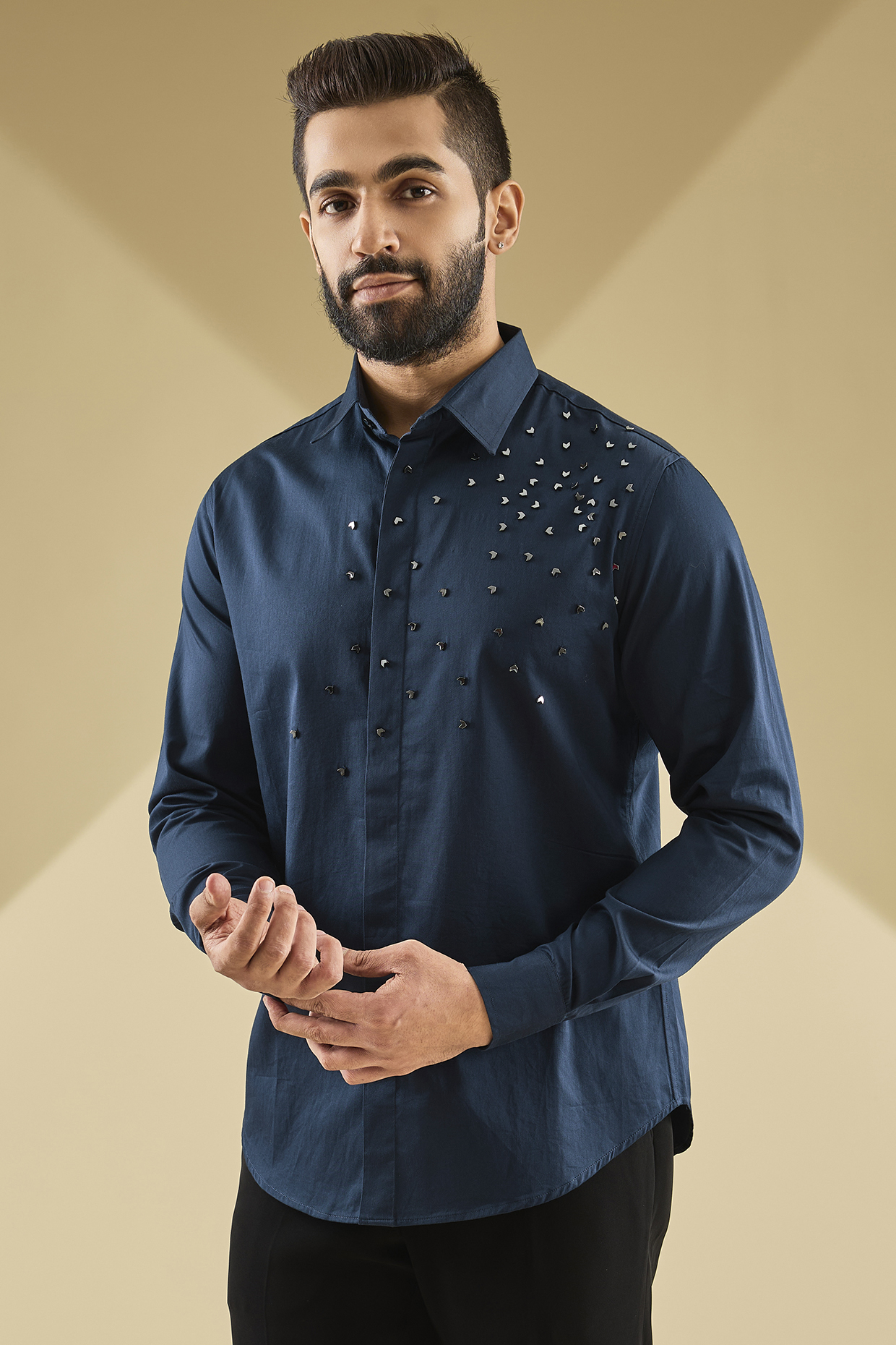 Navy Blue Cotton Satin Laser-Cut Embroidered Shirt by Sahil Kochhar Men