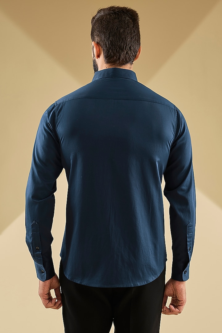 Navy Blue Cotton Satin Laser-Cut Embroidered Wedding Shirt by Sahil Kochhar Men at Pernia's Pop Up Shop
