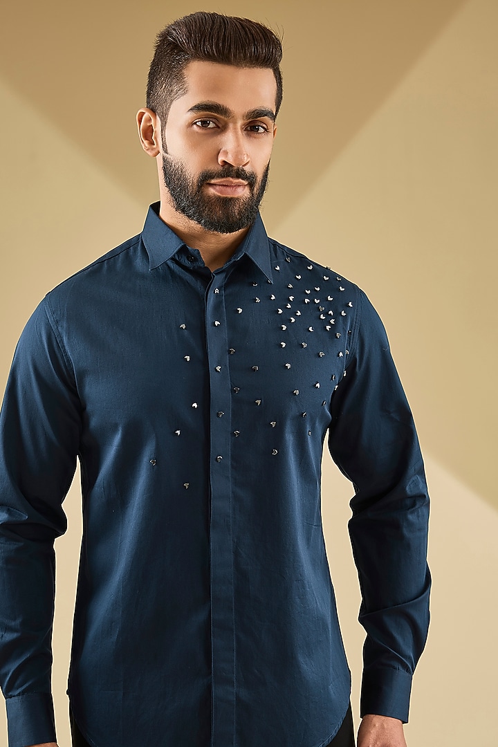 Navy Blue Cotton Satin Laser-Cut Embroidered Wedding Shirt by Sahil Kochhar Men at Pernia's Pop Up Shop