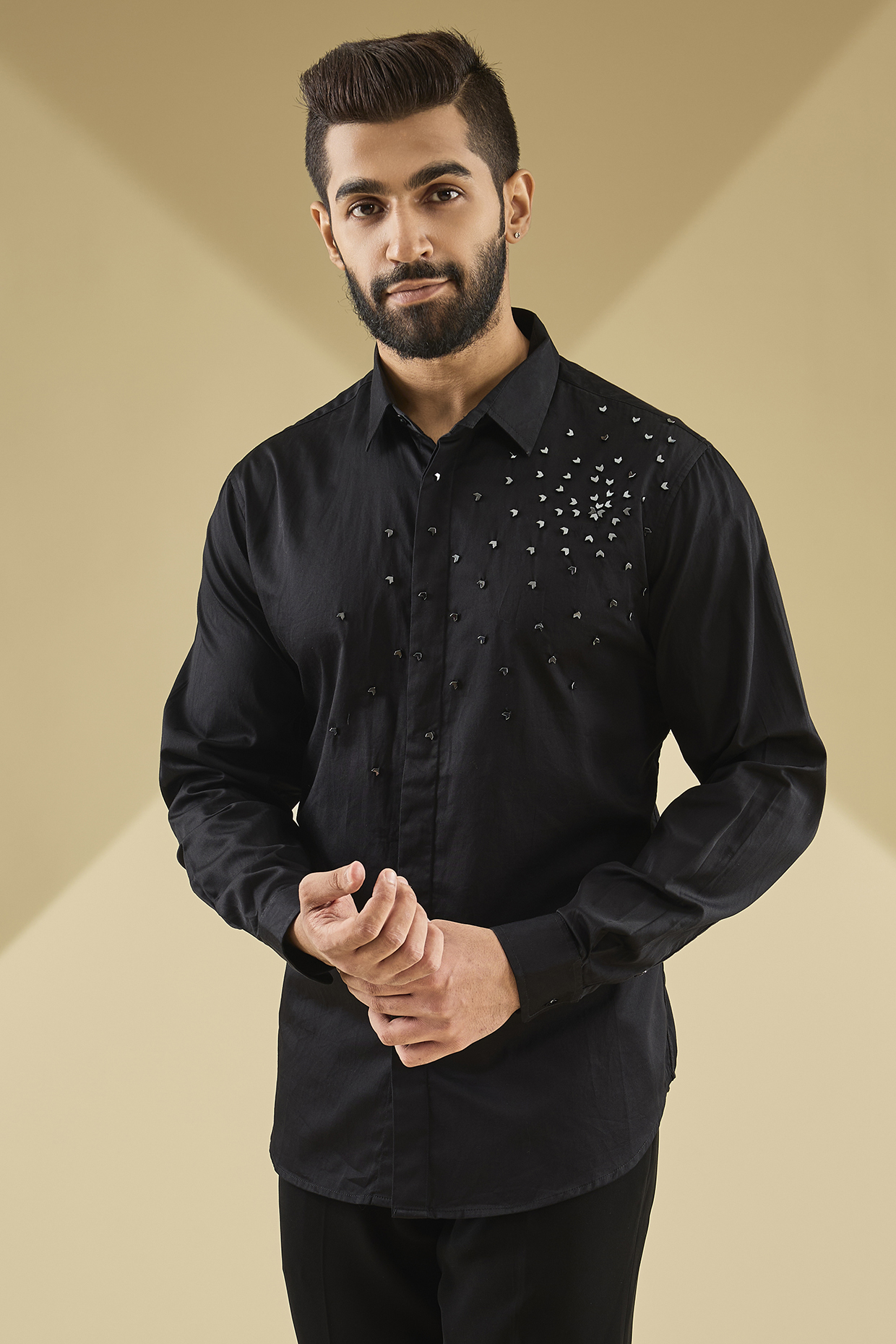 Black Cotton Satin Laser-Cut Embroidered Shirt by Sahil Kochhar Men