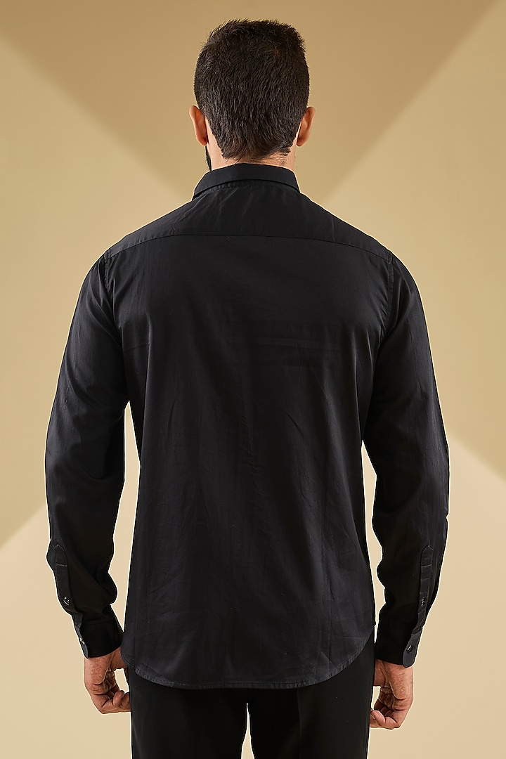 Black Cotton Satin Laser-Cut Embroidered Wedding Shirt by Sahil Kochhar Men at Pernia's Pop Up Shop