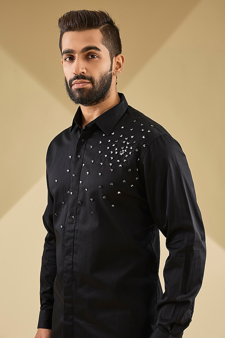 Black Cotton Satin Laser-Cut Embroidered Wedding Shirt by Sahil Kochhar Men at Pernia's Pop Up Shop