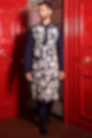 Blue Katan Fabric Hand Embroidered Kurta Set by Sahil Kochhar Men at Pernia's Pop Up Shop