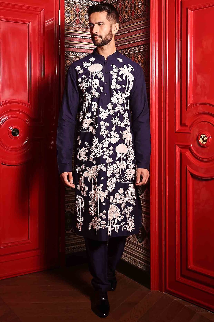 Blue Katan Fabric Hand Embroidered Kurta Set by Sahil Kochhar Men at Pernia's Pop Up Shop
