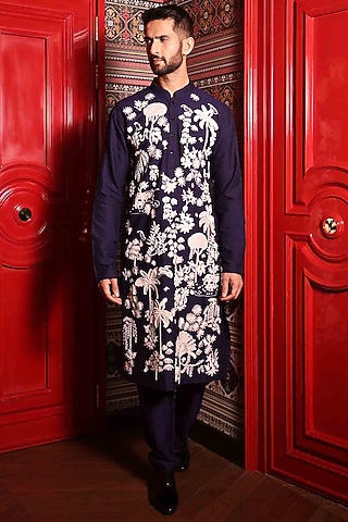 Blue Katan Fabric Hand Embroidered Kurta Set by Sahil Kochhar Men