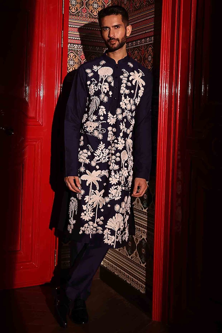 Blue Katan Fabric Hand Embroidered Kurta Set by Sahil Kochhar Men at Pernia's Pop Up Shop