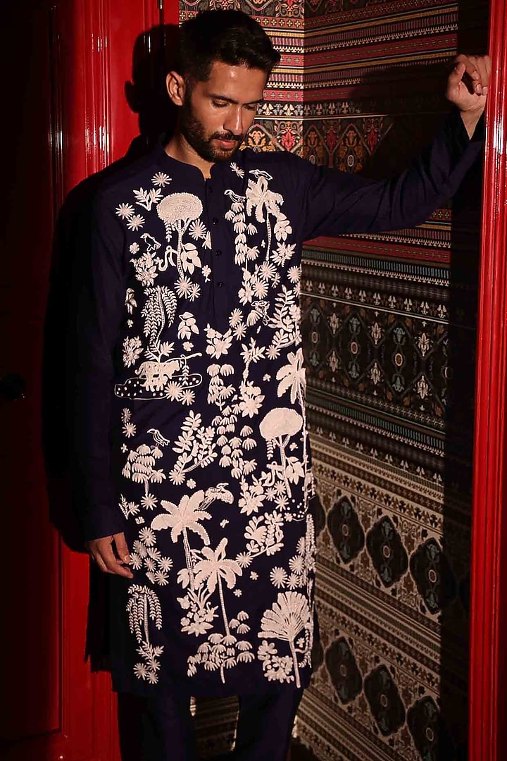 Blue Katan Fabric Hand Embroidered Kurta Set by Sahil Kochhar Men at Pernia's Pop Up Shop