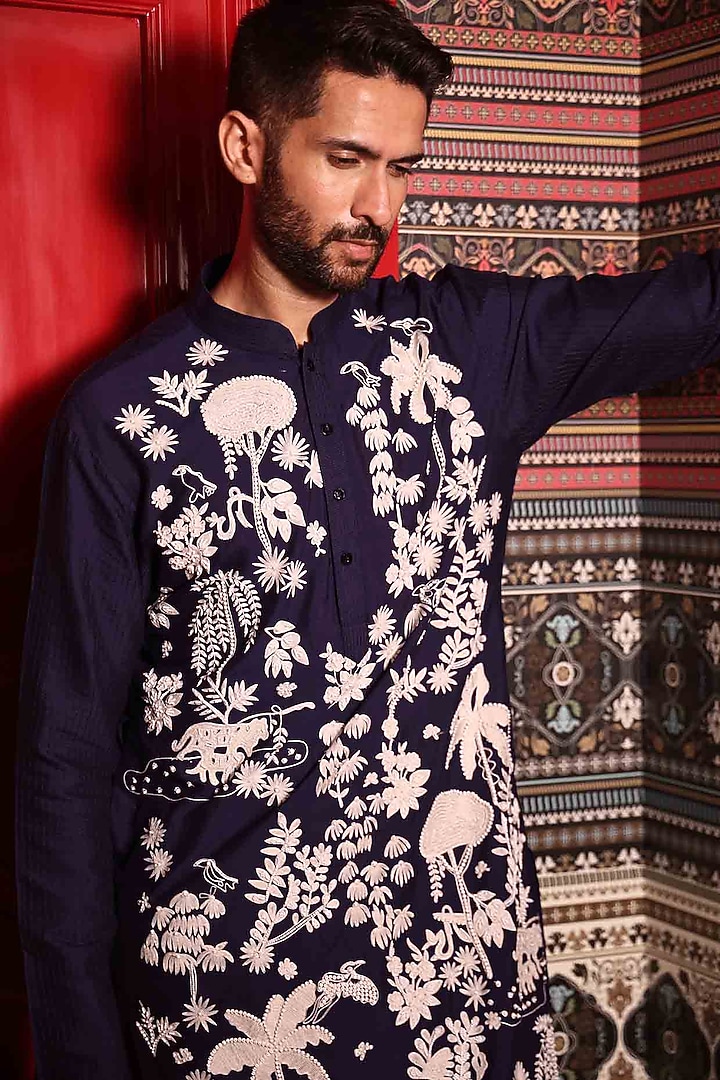 Blue Katan Fabric Hand Embroidered Kurta Set by Sahil Kochhar Men at Pernia's Pop Up Shop