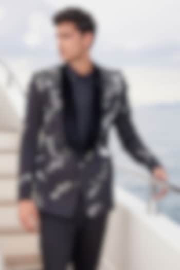 Black Suiting Fabric Hand Embroidered Tuxedo by Sahil Kochhar Men at Pernia's Pop Up Shop