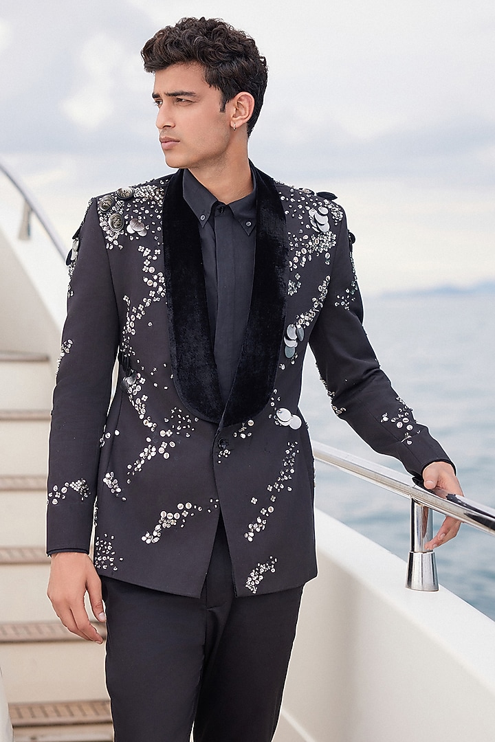 Black Suiting Fabric Hand Embroidered Tuxedo by Sahil Kochhar Men at Pernia's Pop Up Shop