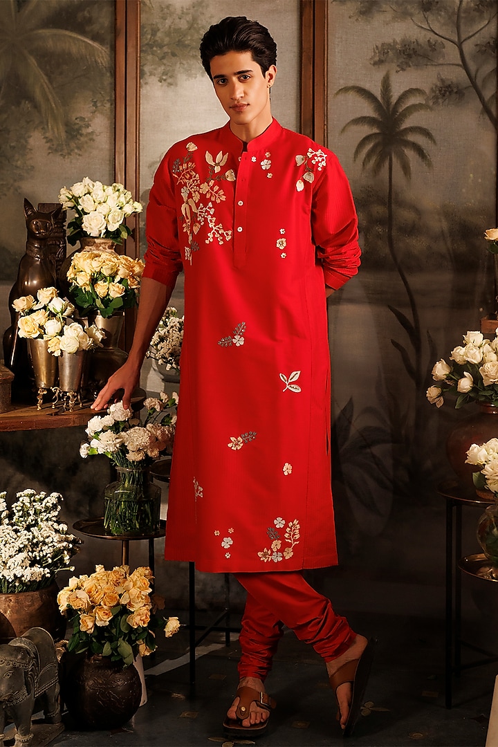 Red Katan Silk Sequins Hand Embroidered Kurta Set by Sahil Kochhar Men