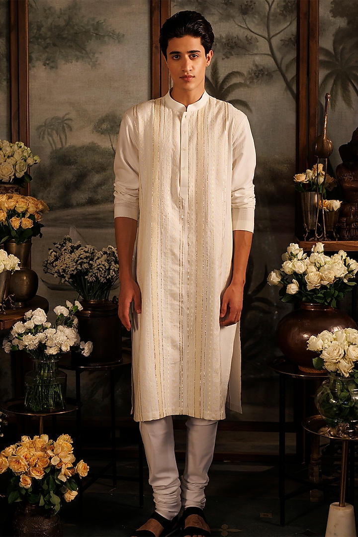 Ivory Katan Silk Applique Work Kurta Set by Sahil Kochhar Men