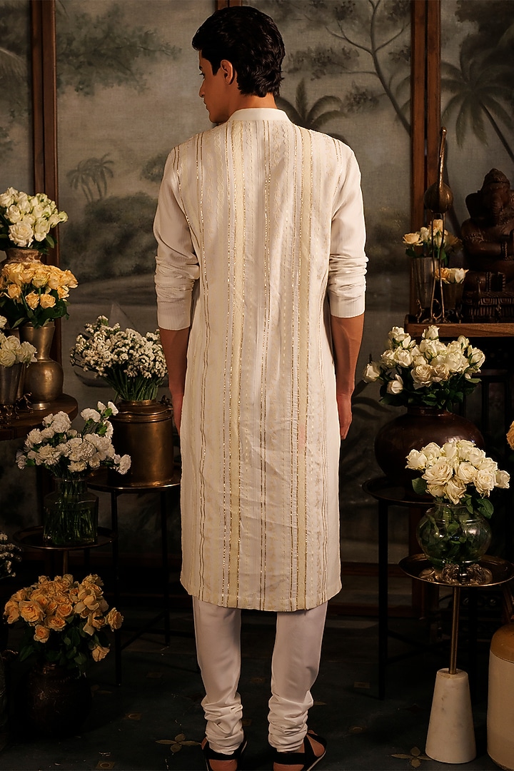 Ivory Katan Silk Applique Work Kurta Set by Sahil Kochhar Men at Pernia's Pop Up Shop