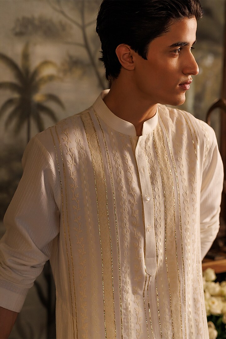 Ivory Katan Silk Applique Work Kurta Set by Sahil Kochhar Men at Pernia's Pop Up Shop