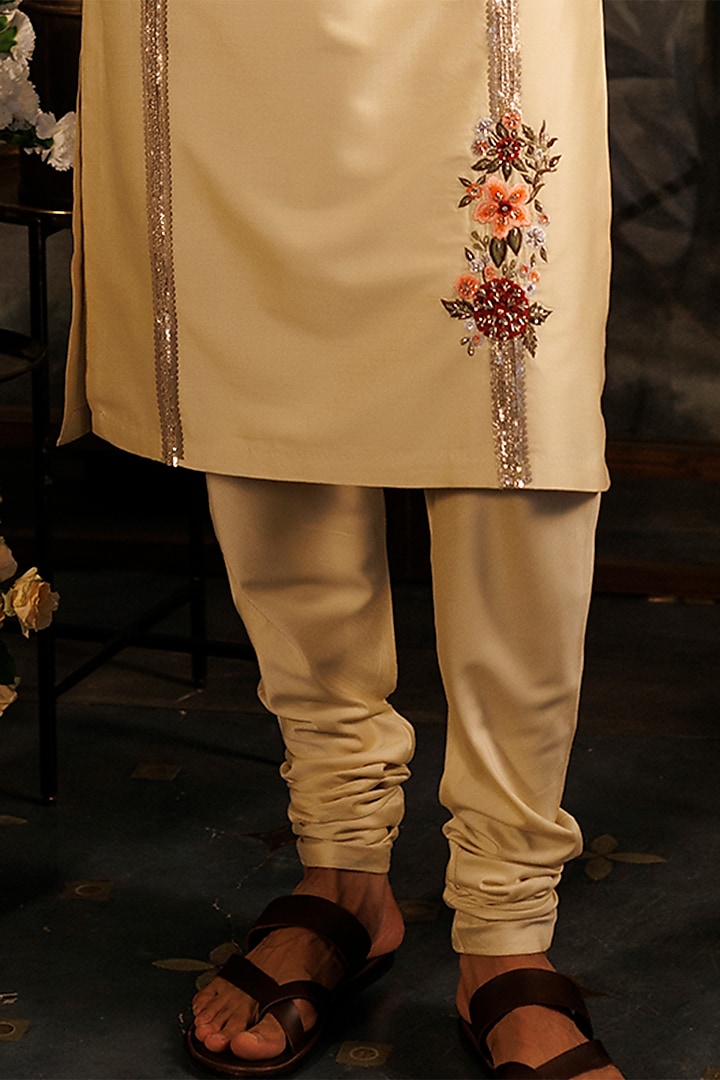 Beige Katan Silk Floral Hand Embroidered Kurta Set by Sahil Kochhar Men at Pernia's Pop Up Shop