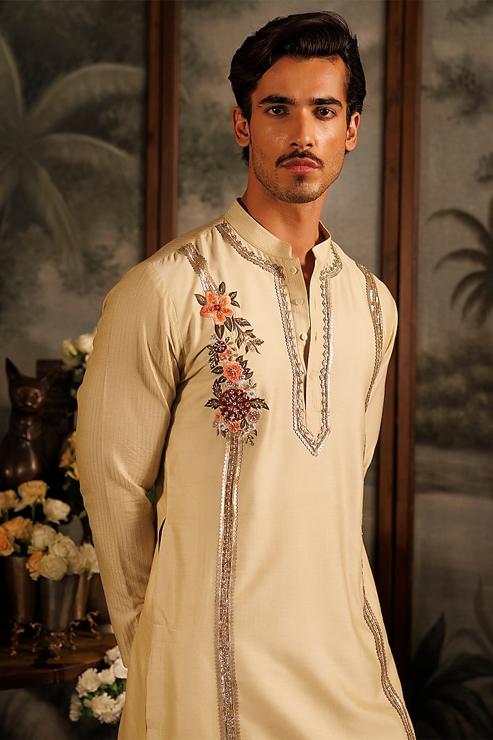 Beige Katan Silk Floral Hand Embroidered Kurta Set by Sahil Kochhar Men at Pernia's Pop Up Shop
