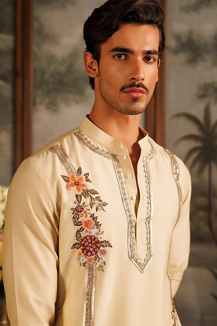 Beige Katan Silk Floral Hand Embroidered Kurta Set by Sahil Kochhar Men at Pernia's Pop Up Shop