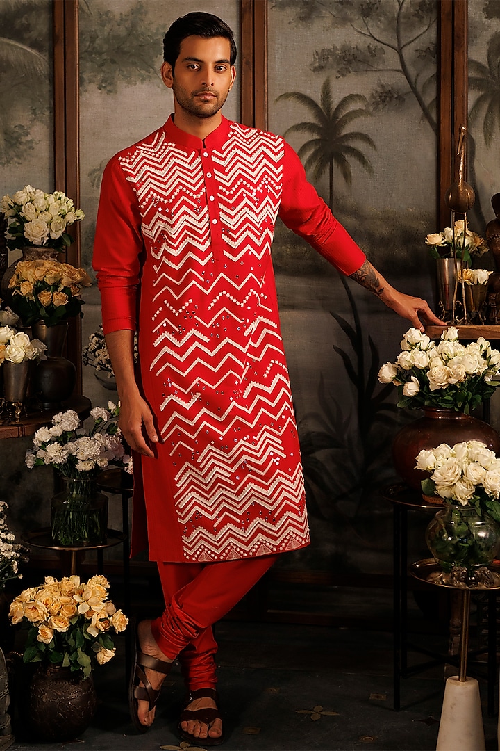 Red Katan Silk Hand & Machine Embroidered Kurta Set by Sahil Kochhar Men