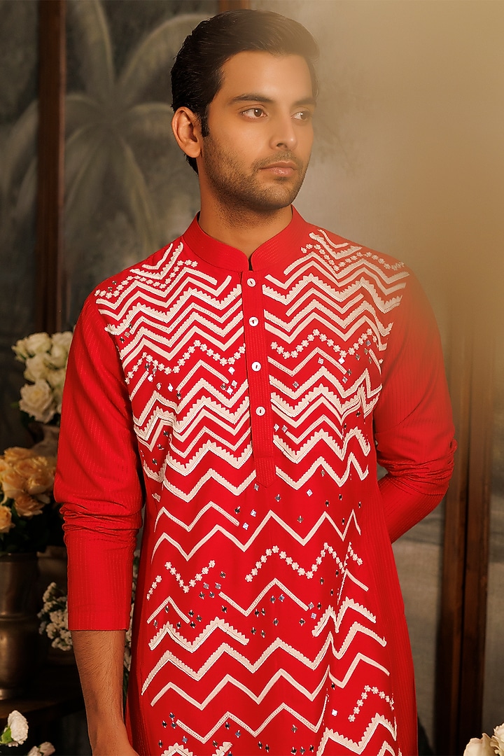 Red Katan Silk Hand & Machine Embroidered Kurta Set by Sahil Kochhar Men at Pernia's Pop Up Shop