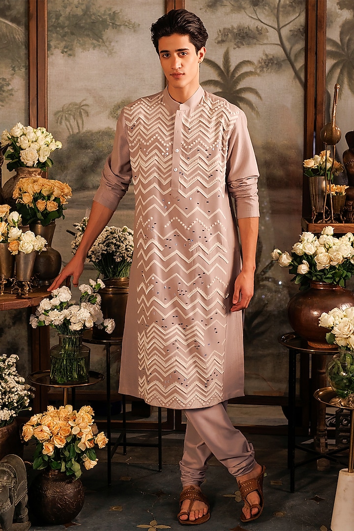 Lilac Katan Silk Sequins Hand & Machine Embroidered Kurta Set by Sahil Kochhar Men