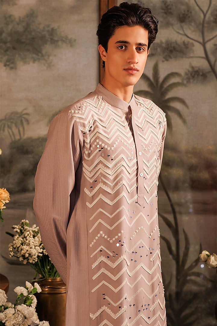 Lilac Katan Silk Sequins Hand & Machine Embroidered Kurta Set by Sahil Kochhar Men at Pernia's Pop Up Shop