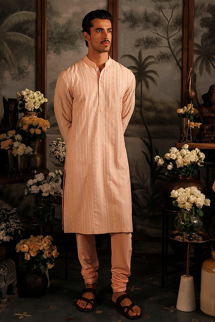 Peach Katan Silk Sequins Hand Embroidered Kurta Set by Sahil Kochhar Men