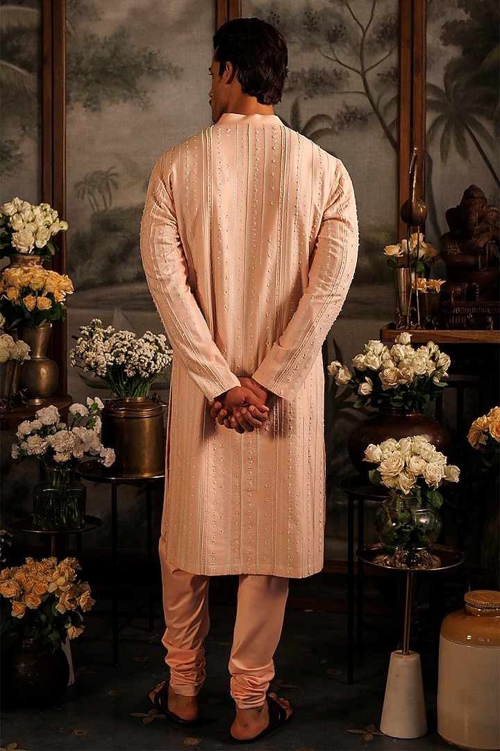 Peach Katan Silk Sequins Hand Embroidered Kurta Set by Sahil Kochhar Men at Pernia's Pop Up Shop