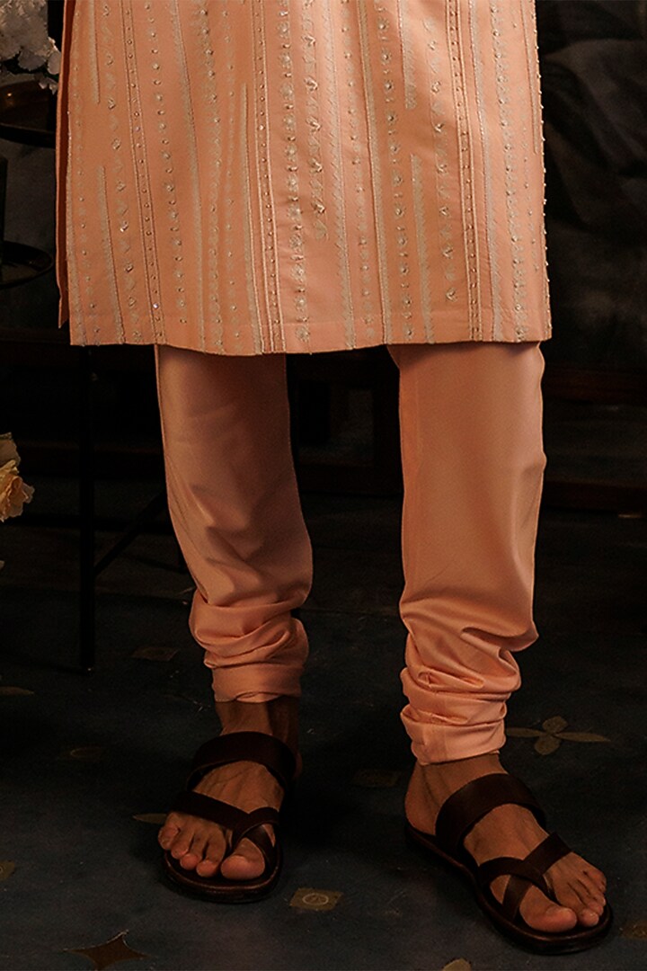 Peach Katan Silk Sequins Hand Embroidered Kurta Set by Sahil Kochhar Men at Pernia's Pop Up Shop