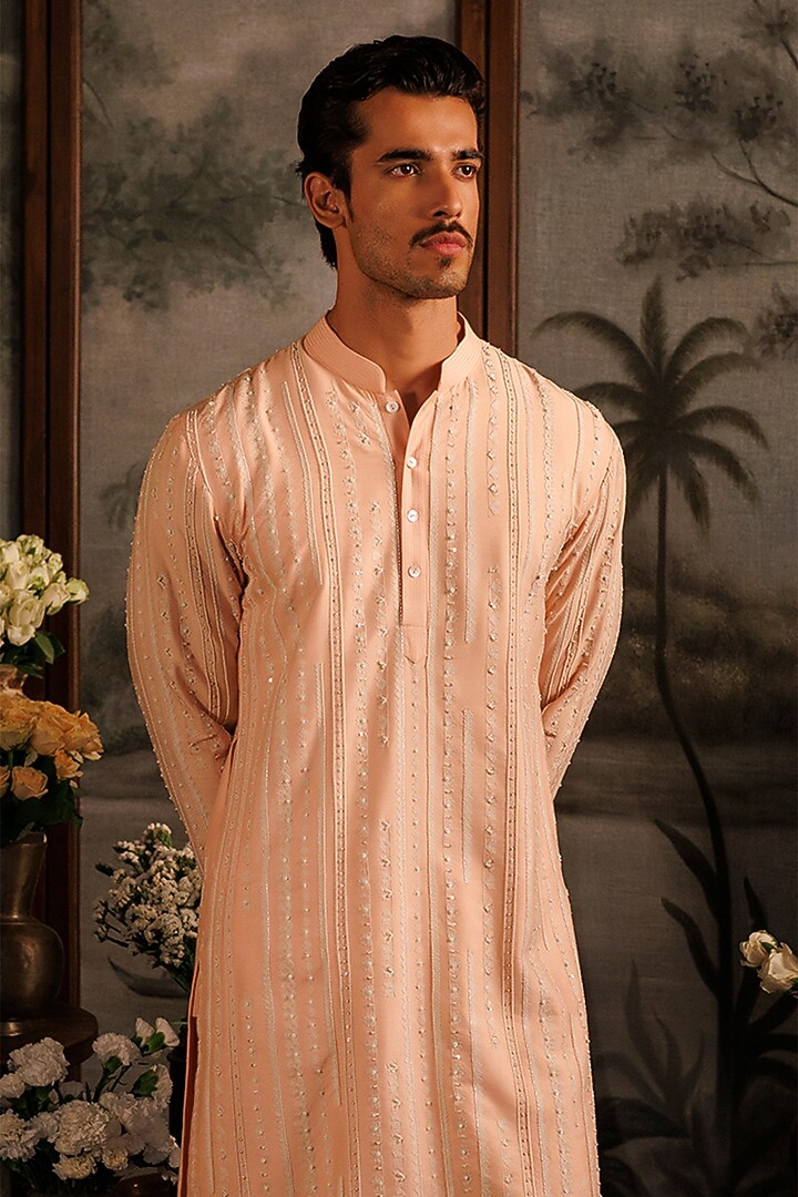 Peach Katan Silk Sequins Hand Embroidered Kurta Set by Sahil Kochhar Men at Pernia's Pop Up Shop