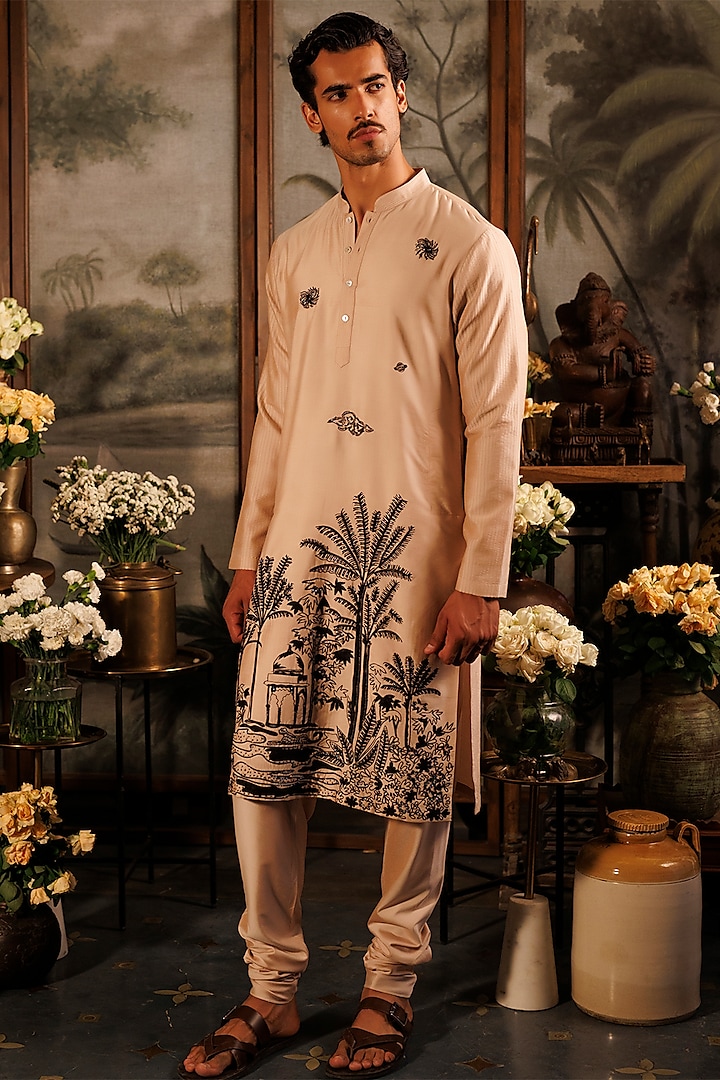 Beige Katan Silk Sequins Hand Embroidered Kurta Set by Sahil Kochhar Men