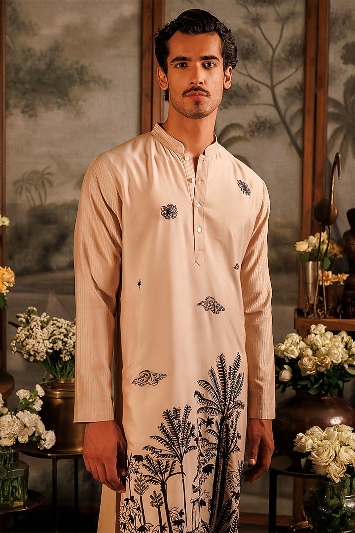 Beige Katan Silk Sequins Hand Embroidered Kurta Set by Sahil Kochhar Men at Pernia's Pop Up Shop
