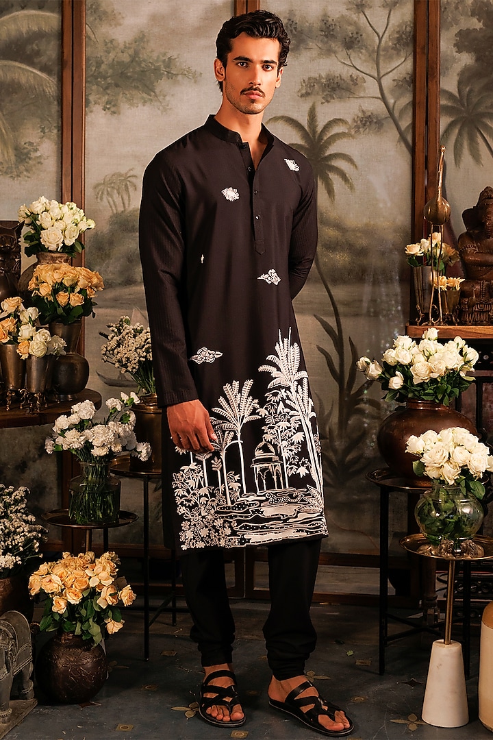 Black Katan Silk Sequins Hand Embroidered Kurta Set by Sahil Kochhar Men