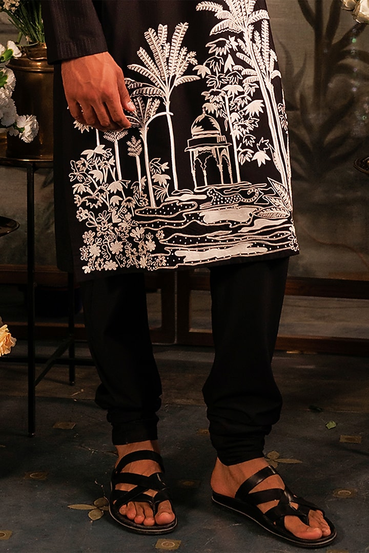Black Katan Silk Sequins Hand Embroidered Kurta Set by Sahil Kochhar Men at Pernia's Pop Up Shop