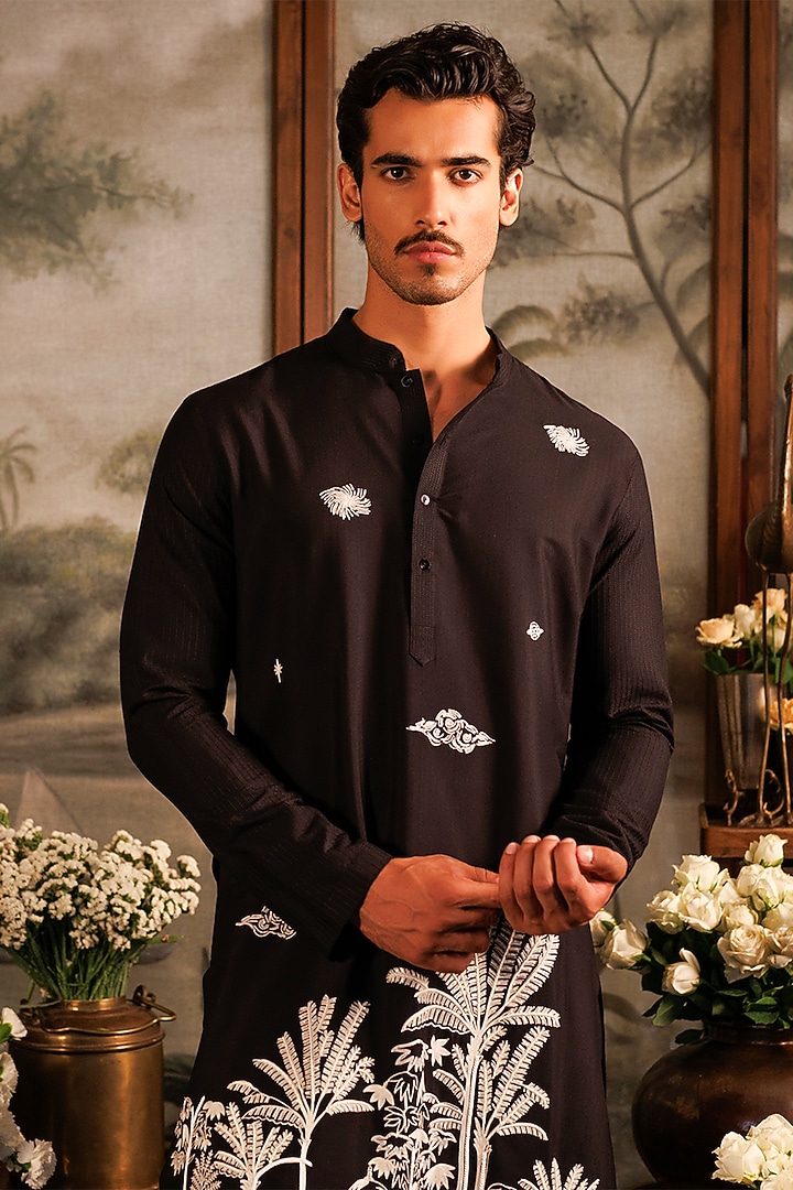 Black Katan Silk Sequins Hand Embroidered Kurta Set by Sahil Kochhar Men at Pernia's Pop Up Shop