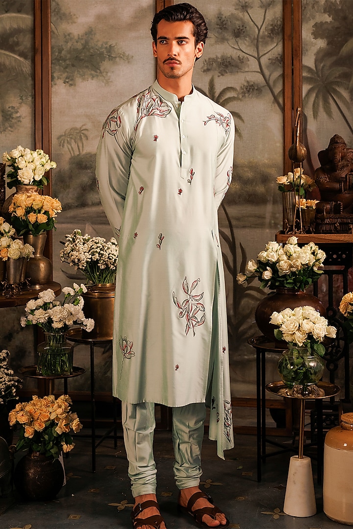 Green Katan Silk Floral Machine Embroidered Kurta Set by Sahil Kochhar Men