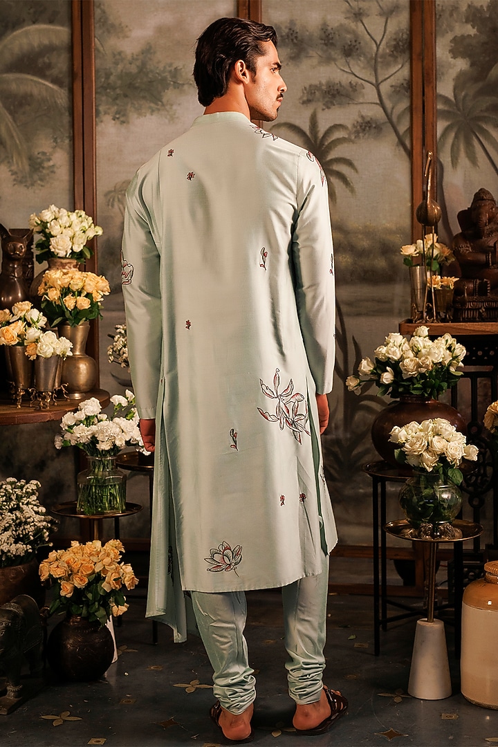Green Katan Silk Floral Machine Embroidered Kurta Set by Sahil Kochhar Men at Pernia's Pop Up Shop